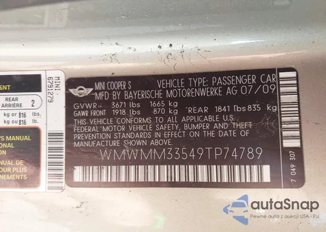 2009 Mini Cooper S Clubman from USA, damaged, VIN WMWMM33549TP74789